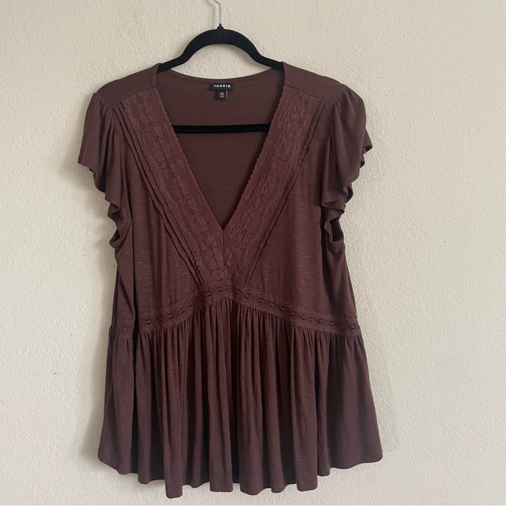 Torrid Brown babydoll V-Neck Women's Top size 00 y2k flowy lightweight stretch